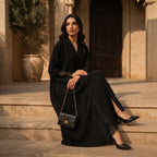 Black Open-Front Abaya with Floral Lace Cuffs and