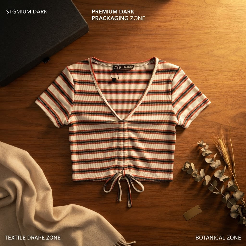 [WearU Generated:merch_flat_lay] Zara Off-White Multi-Stripe Ribbed Knit Fitted Cropped Top – flat lay view
