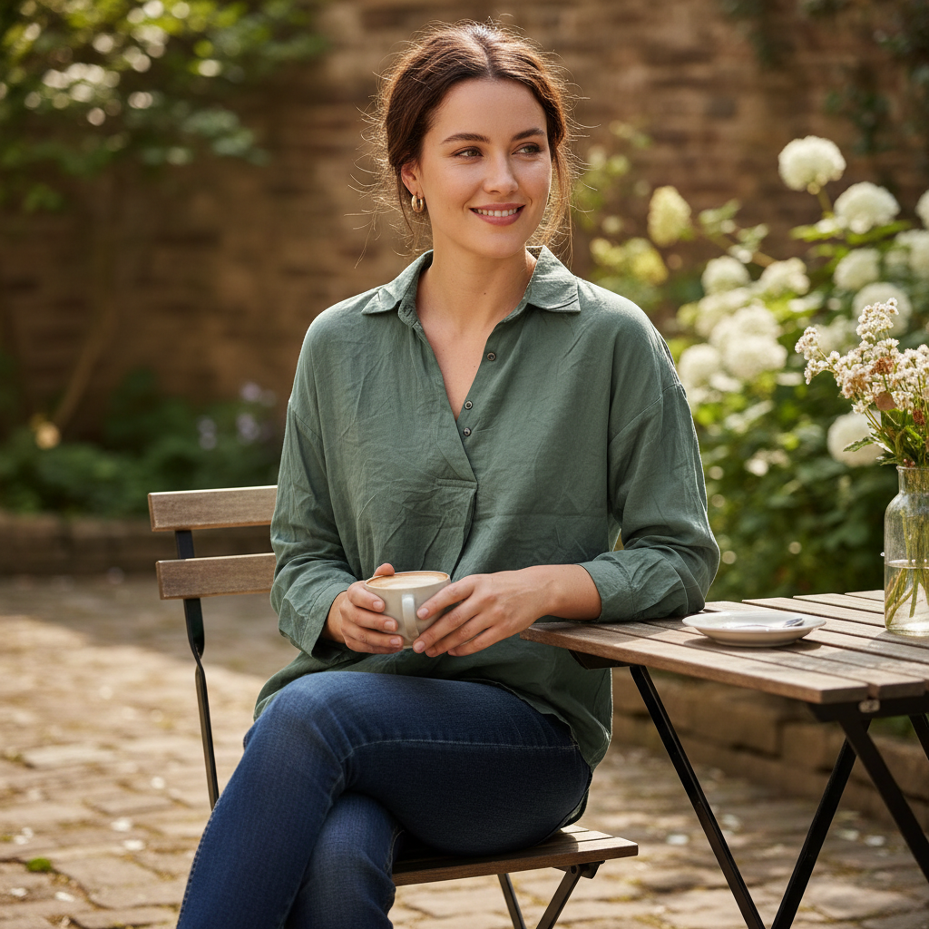Women's Relaxed Olive Green V-Neck Long Sleeve Shirt