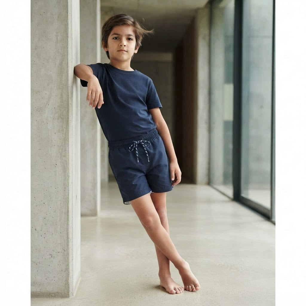 [WearU Generated:campaign_3] Navy Polyester Solid Wide-leg Shorts – back view