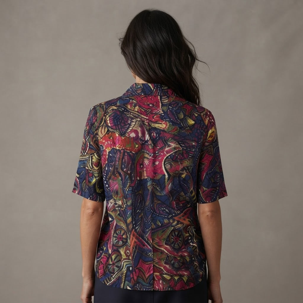 SHEIN Navy Multicolour Abstract Print Relaxed Rayon Blouse