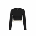 Bershka Black Rhinestone Fringe Cropped Long Sleeve Top