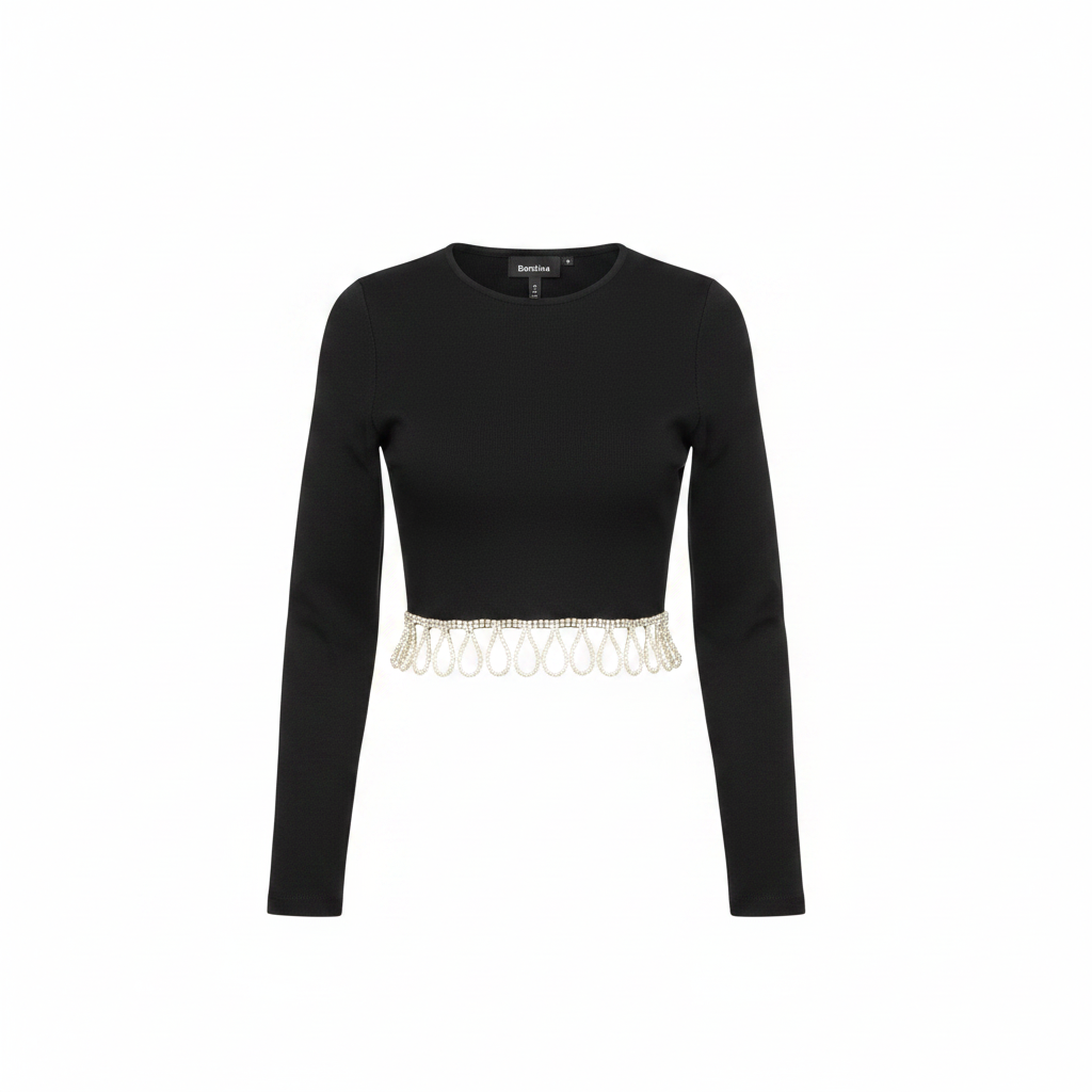 Bershka Black Rhinestone Fringe Cropped Long Sleeve Top