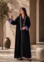 Black Open Front Gulf Style Abaya with Purple Embroidery