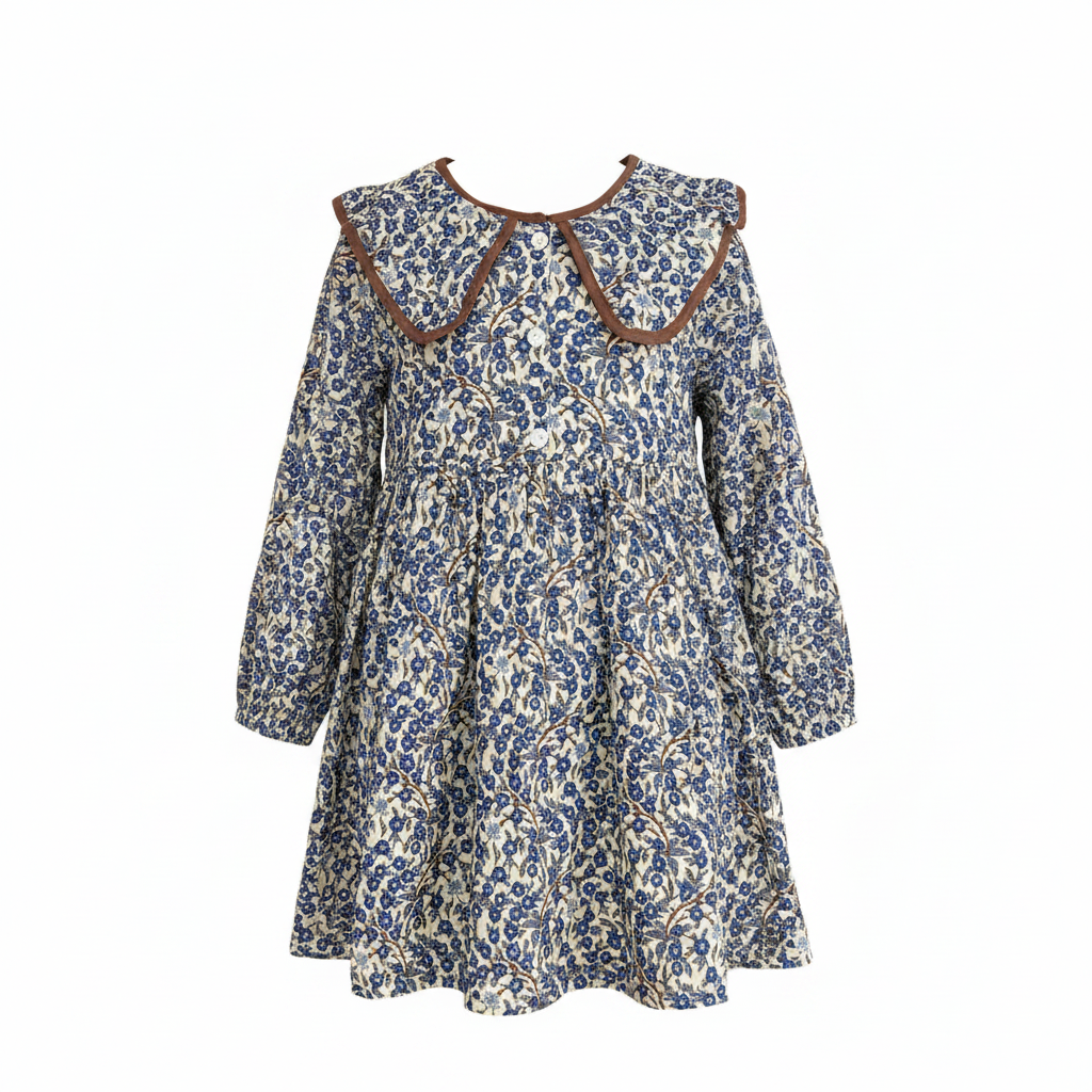 Kids Cream & Blue Floral Long Sleeve A-Line Dress