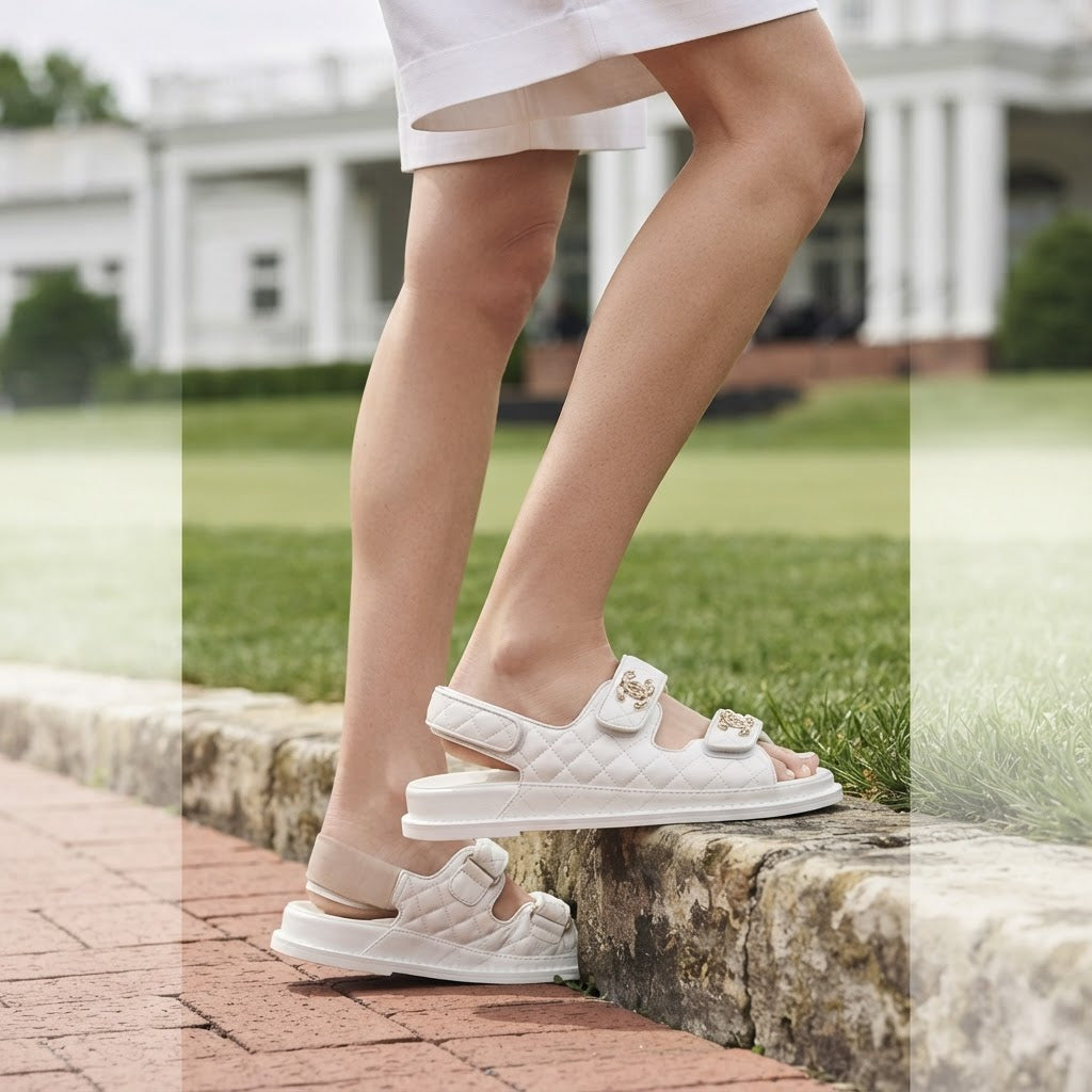 CHANEL White Quilted Double-Strap Flat Sandals with Gold Log