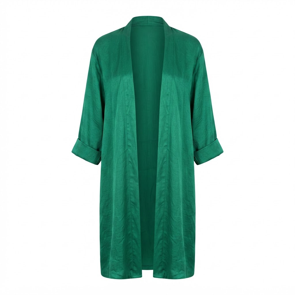Women's Emerald Green Satin Longline Duster Kimono
