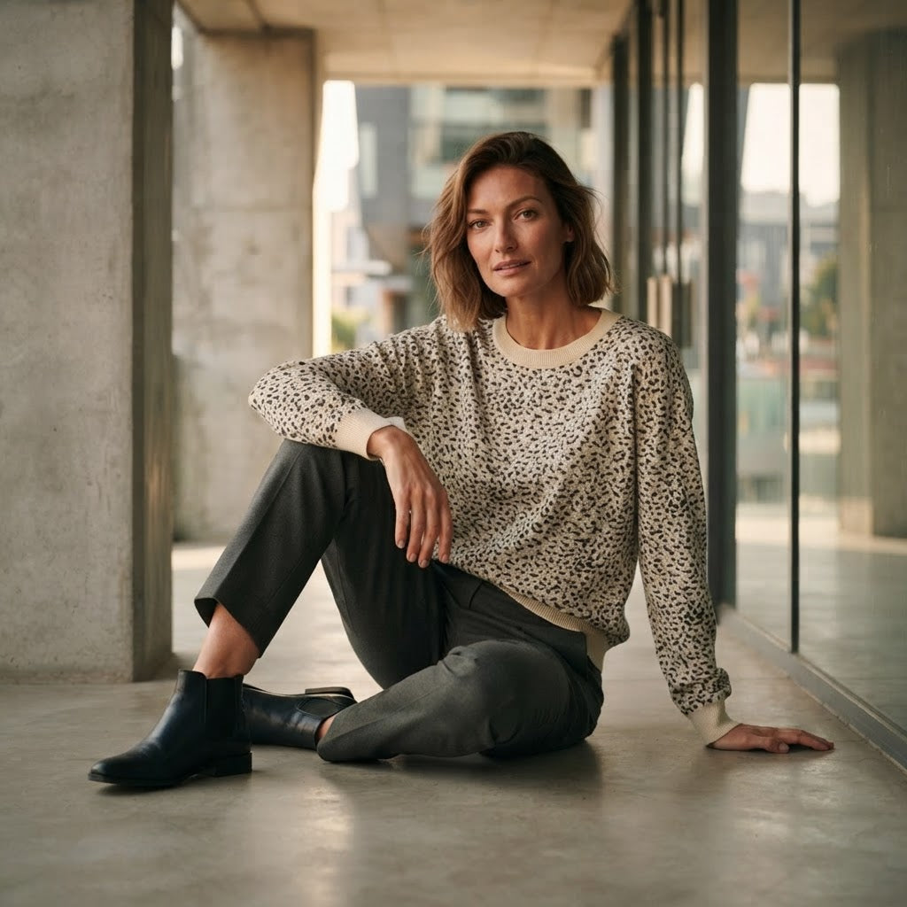 [WearU Generated:campaign_1] Brilliant Basics Cream Leopard Knit Cotton Long-Sleeve Top – side view