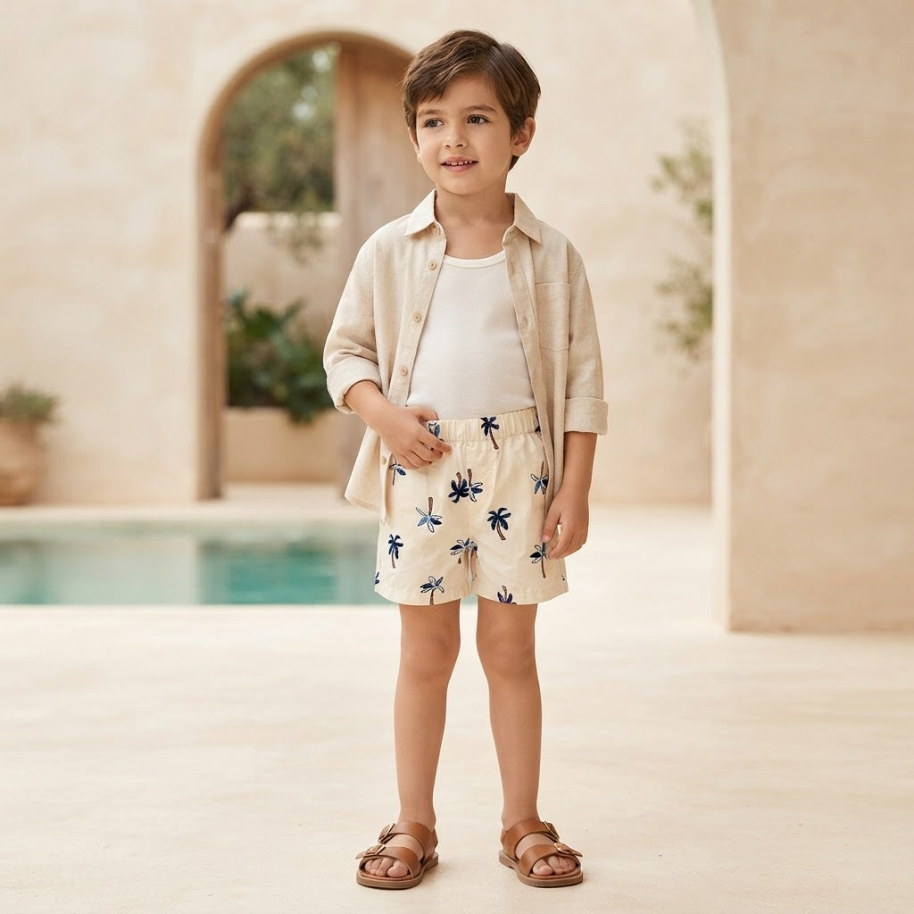 SHEIN Cream Palm Tree Embroidered Pull-On Kids' Shorts