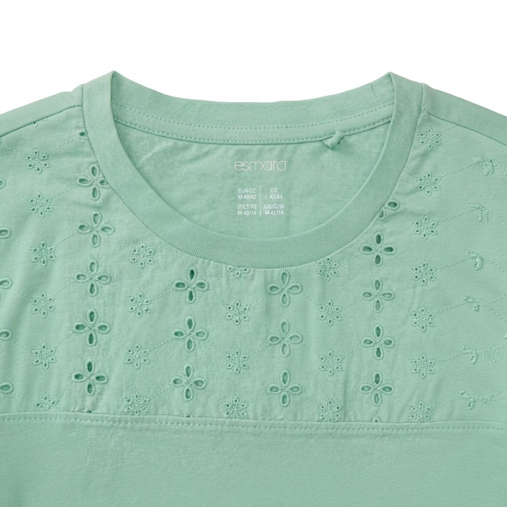 esmara Women's Light Green T-Shirt with Floral Eyelet Yoke
