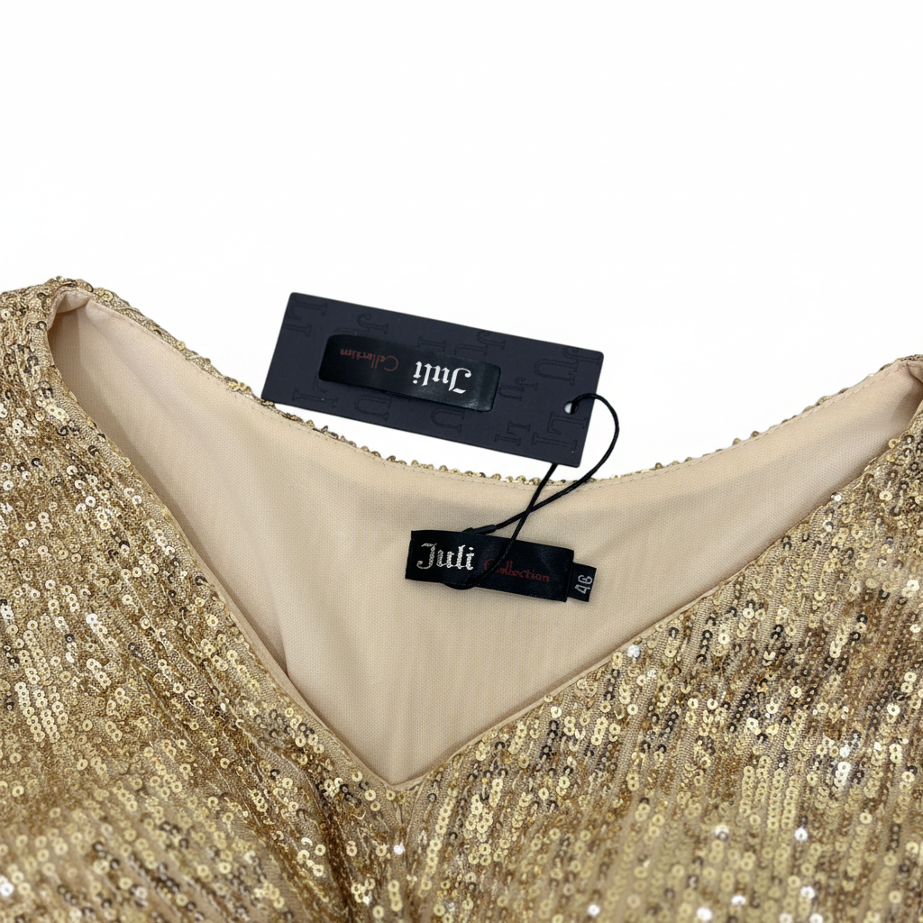 Juli Collection Gold Sequin Long Sleeve V-Neck Gown