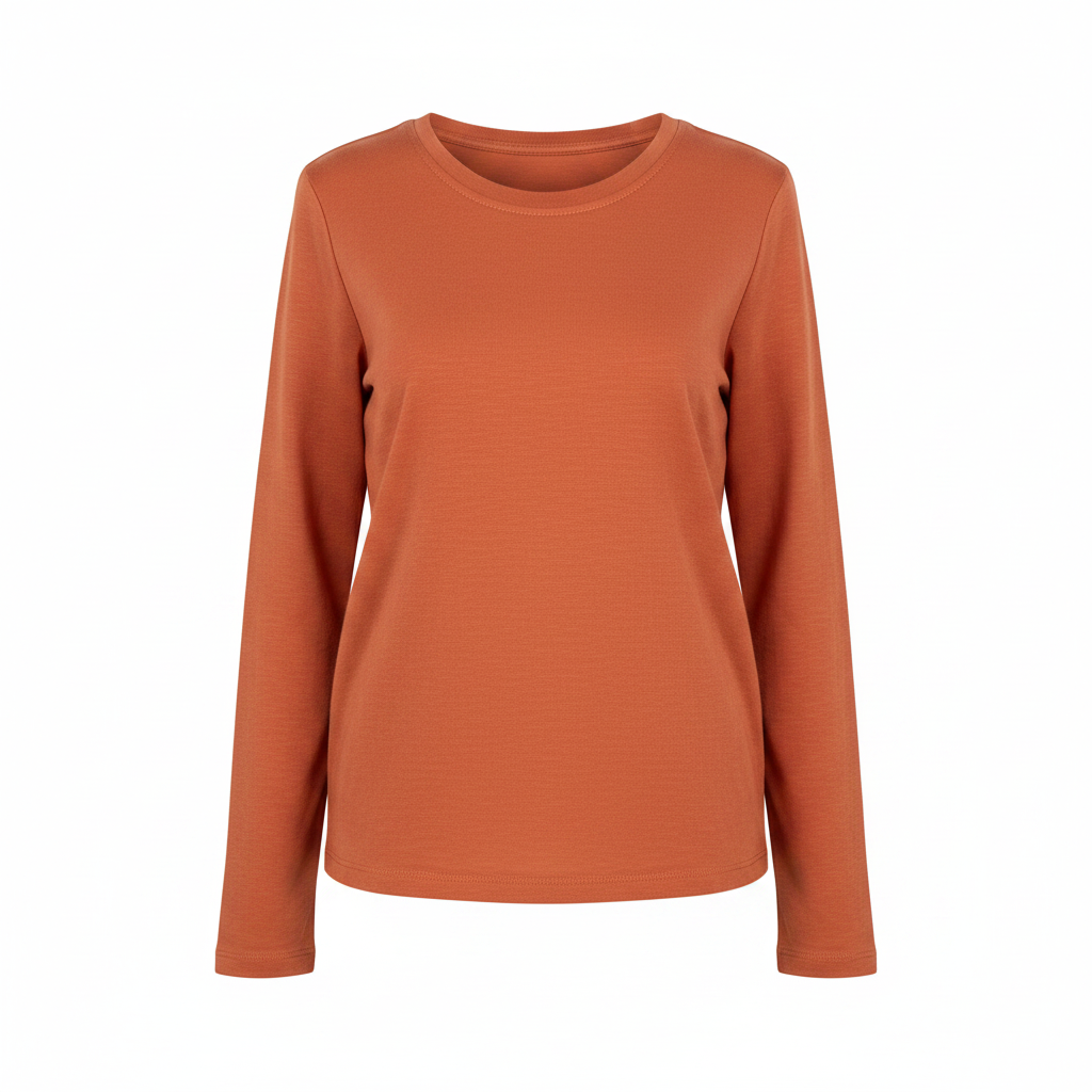 Women's Orange Cotton Crew Neck Long Sleeve Top