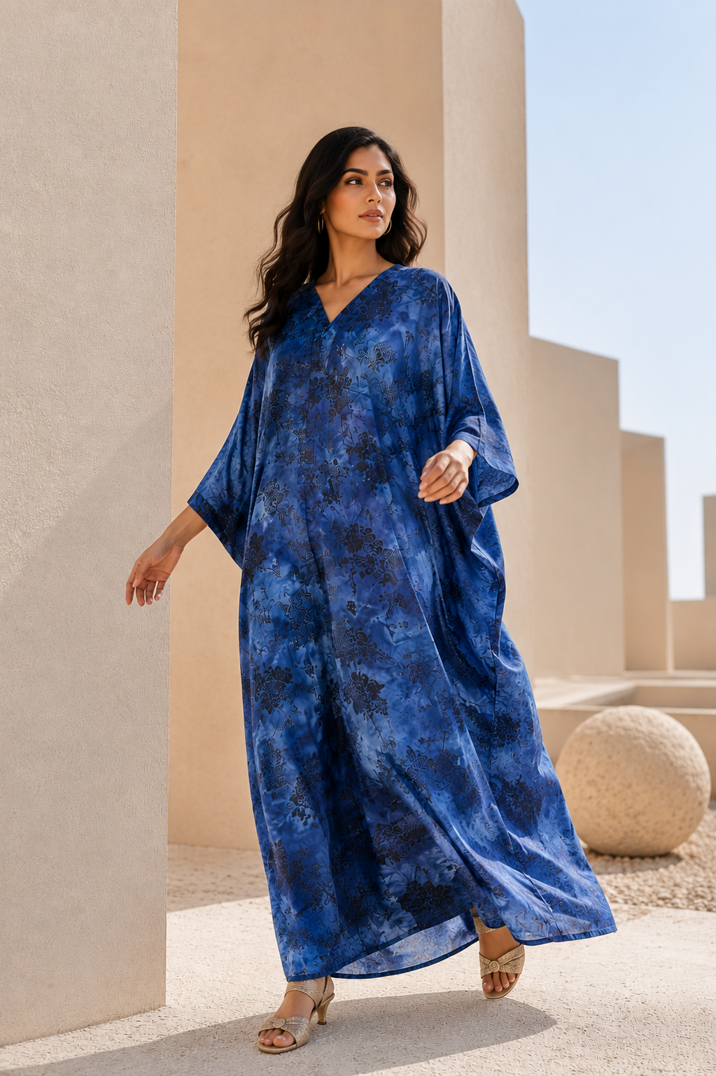 Women's Blue Floral Marbled Satin Ankle-Length Kaftan