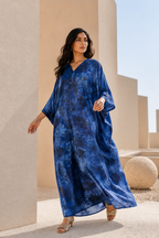 Women's Blue Floral Marbled Satin Ankle-Length Kaftan