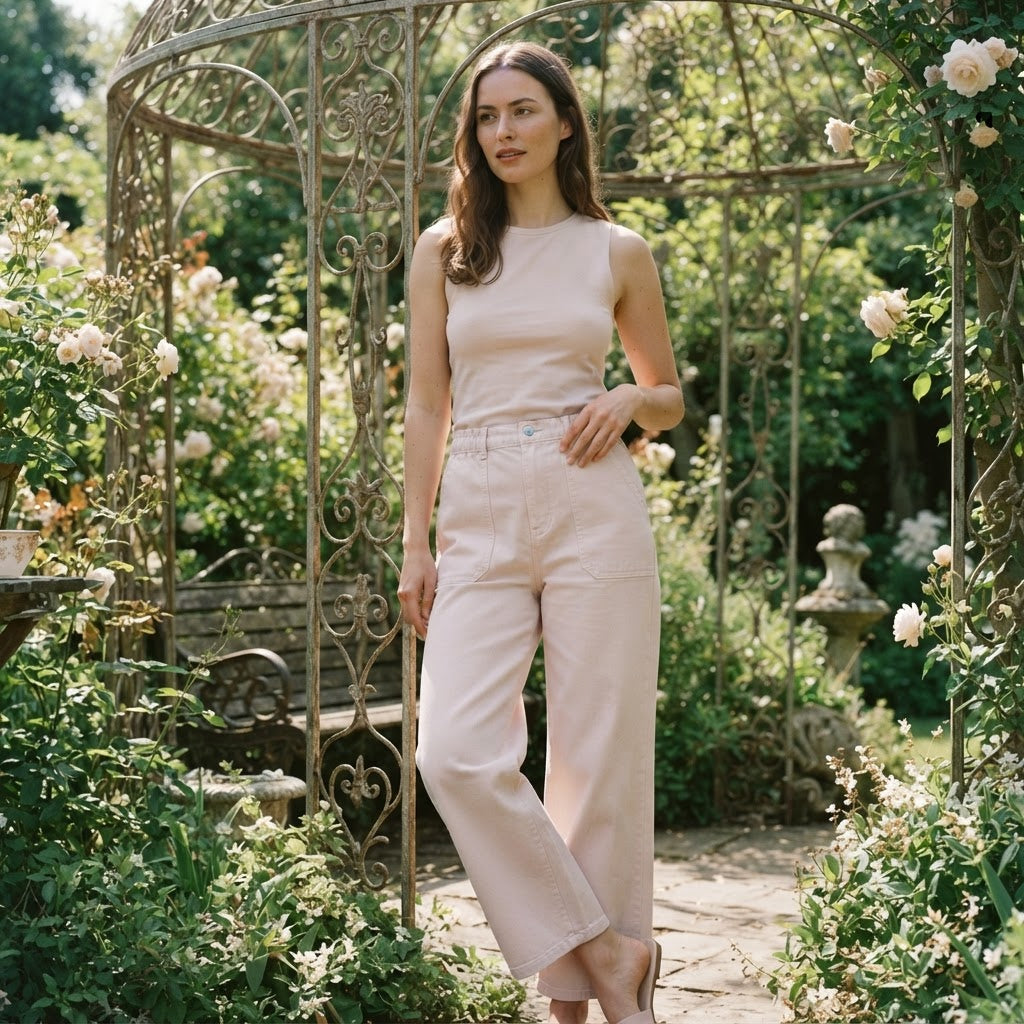 [WearU Generated:campaign_3] Redtag Light Pink Cotton Denim Wide-Leg Pants – back view