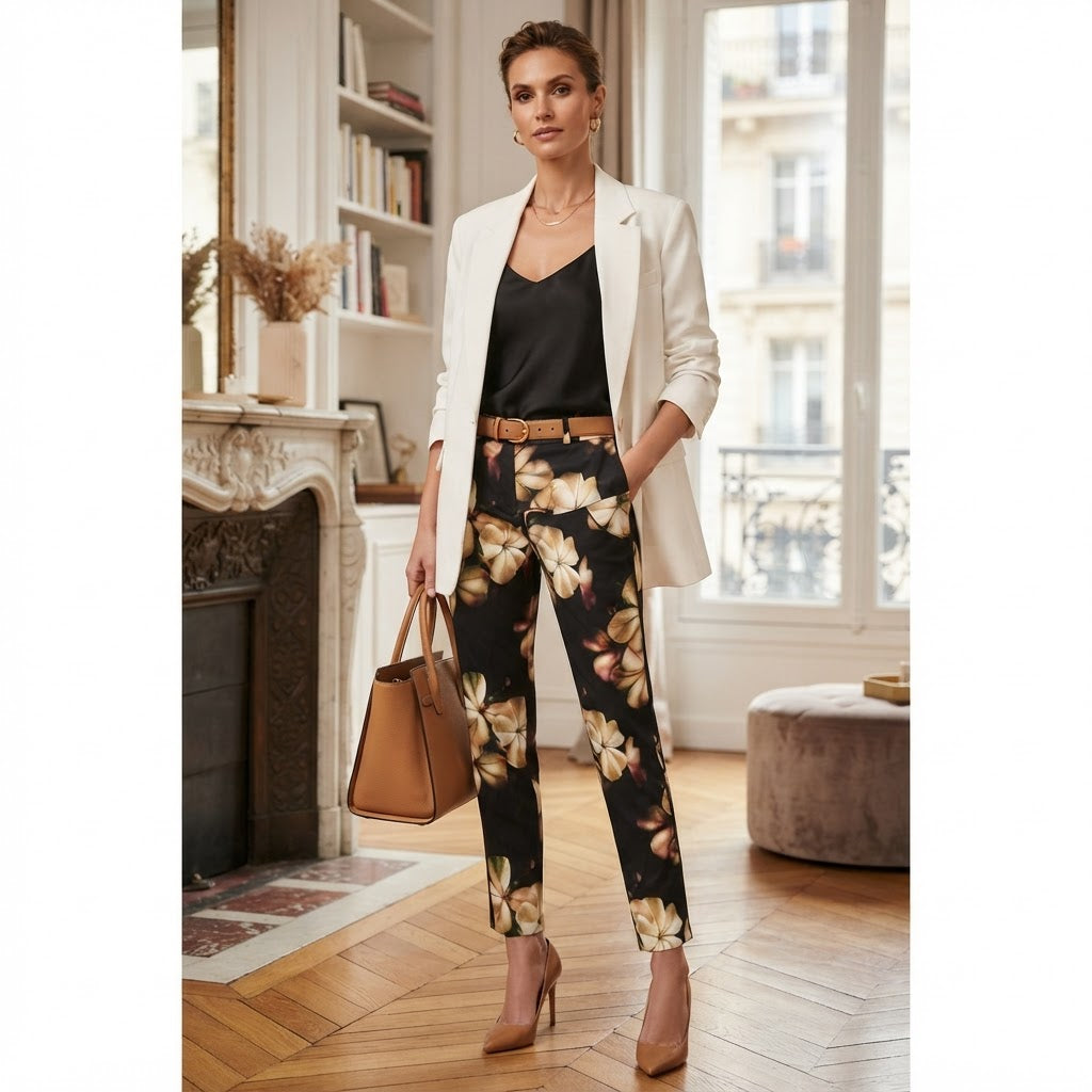 Women's Floral Print Slim-Fit Tailoblack Trousers in Black