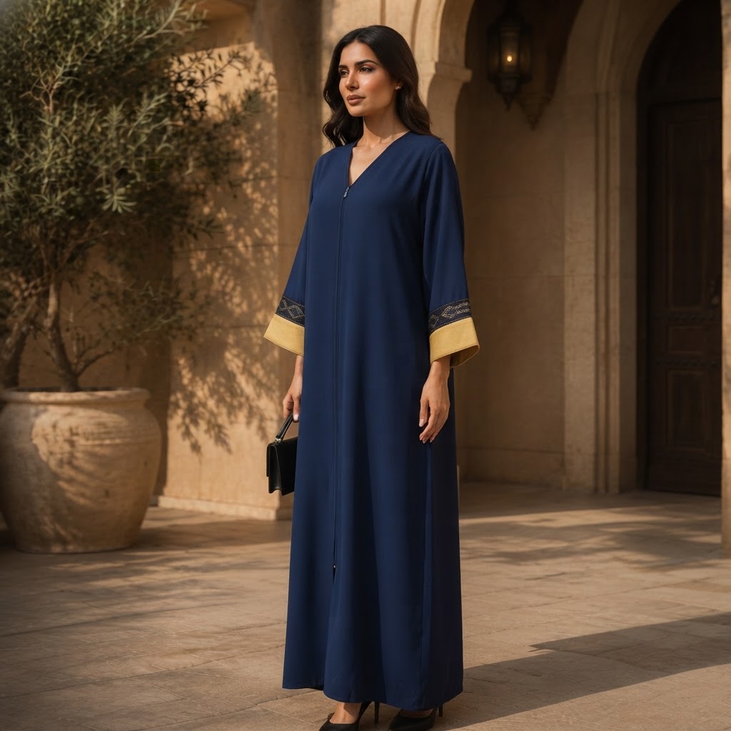represent Navy Blue Floor-Length Abaya with Geometric Trim