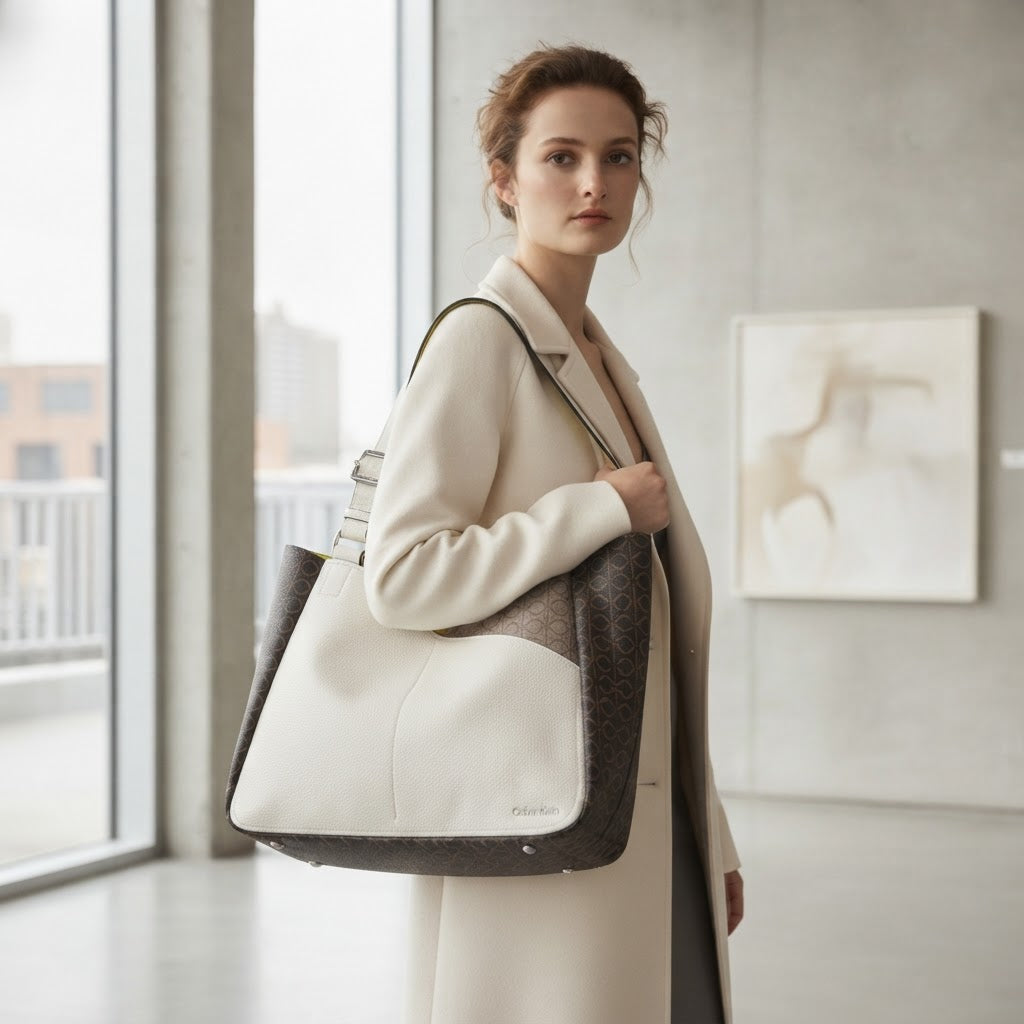 Calvin Klein Calvin Klein White Grained Monogram Tote