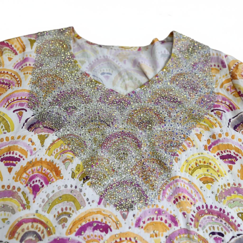 Women's Embellished Scallop Print Long Sleeve Kaftan Dress