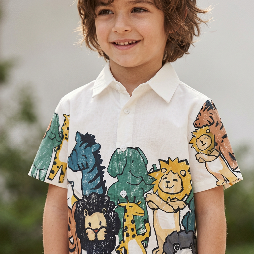 SHEIN White Short-Sleeve Safari Animal Print Kids Shirt