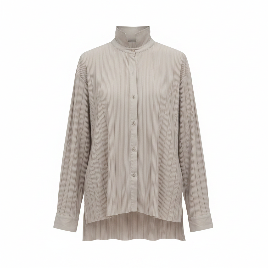 Women's Light Grey Plissé Pleated Button-Up Shirt