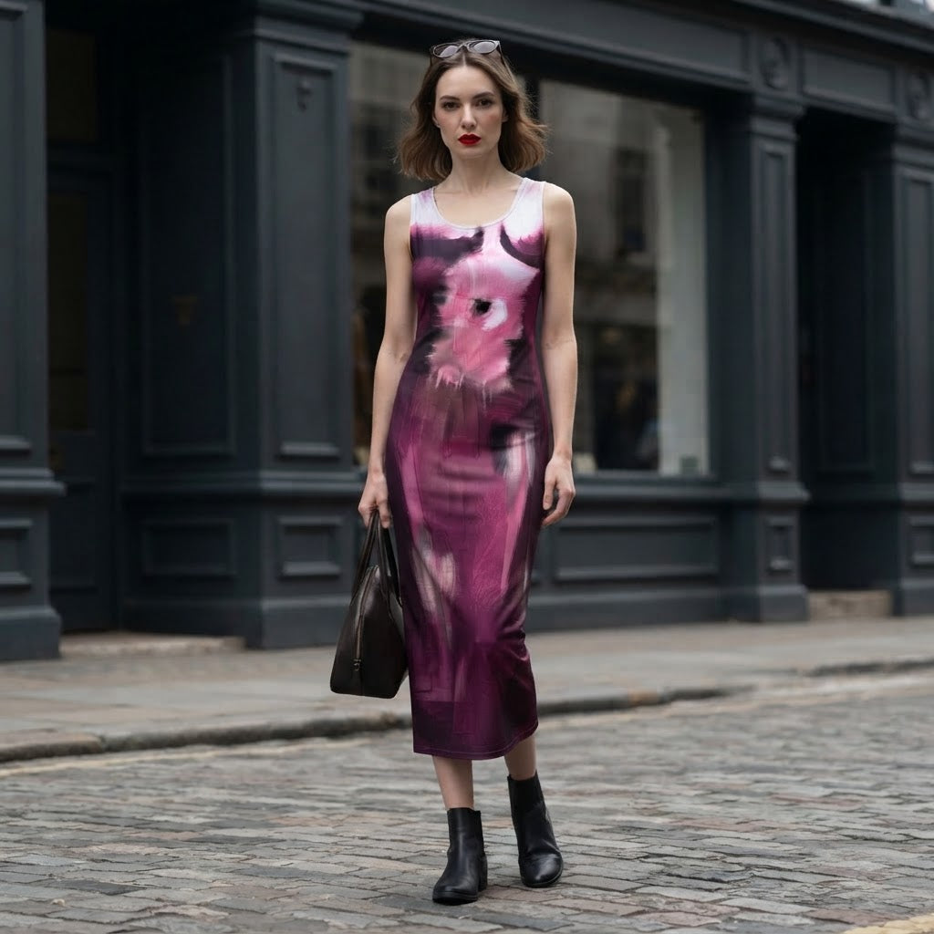 SHEIN SXY Plum Abstract Painterly Print Sleeveless Midi Colu