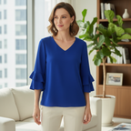 Dunnes Women's Royal Blue V-Neck Ruffle Sleeve Blouse