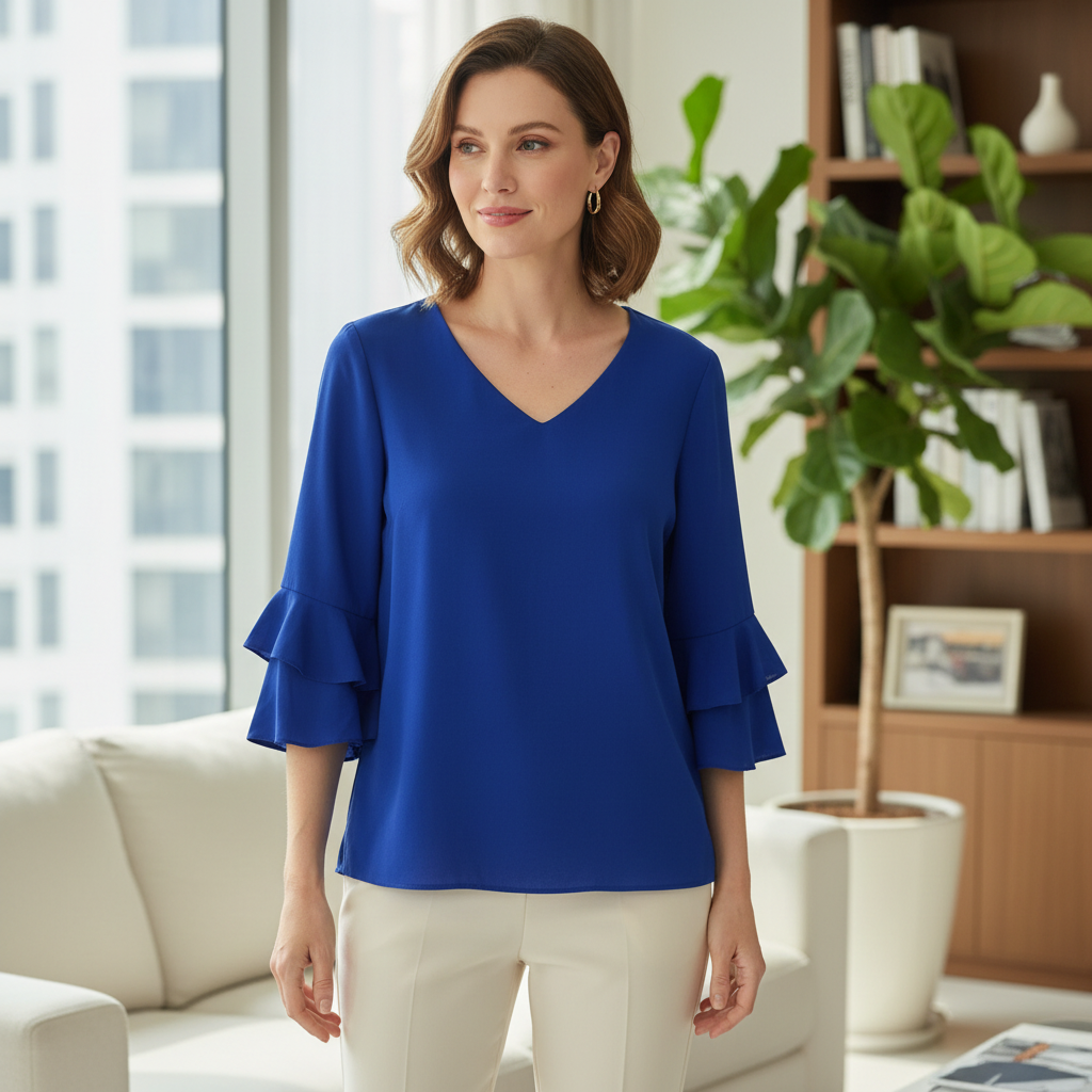 Dunnes Women's Royal Blue V-Neck Ruffle Sleeve Blouse
