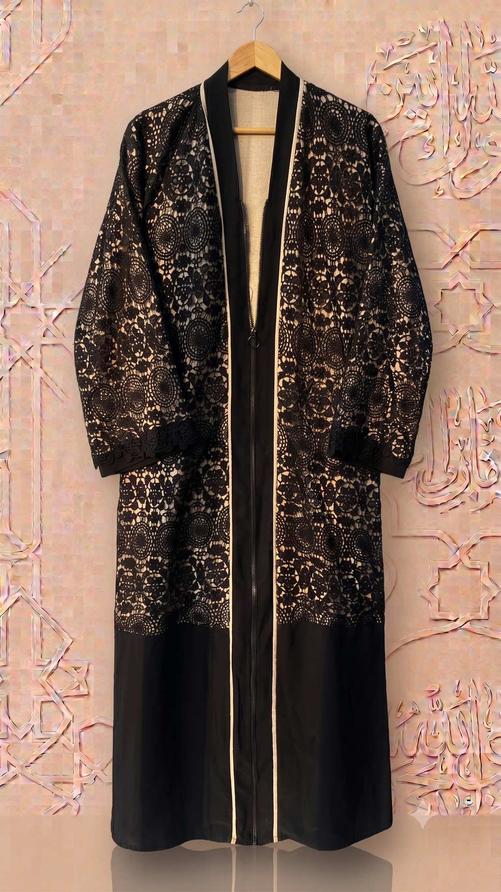 Black Lace and Crepe Modest Long Abaya Robe (Winter)