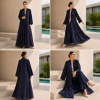 Navy Blue Jacquard Satin A-Line Open Front Abaya