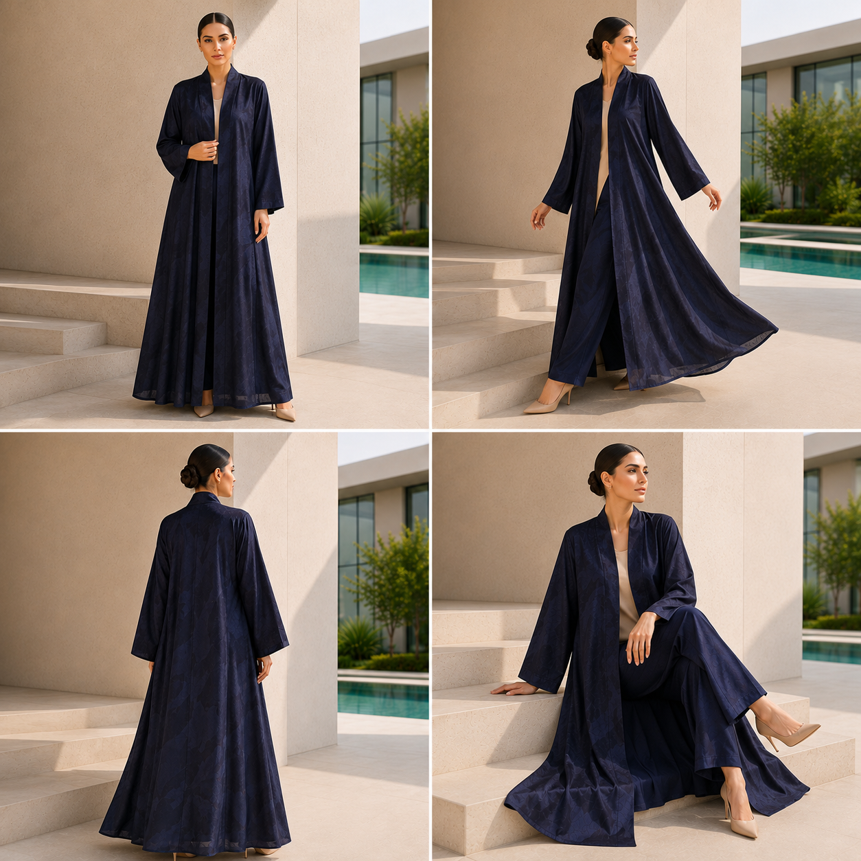 Navy Blue Jacquard Satin A-Line Open Front Abaya