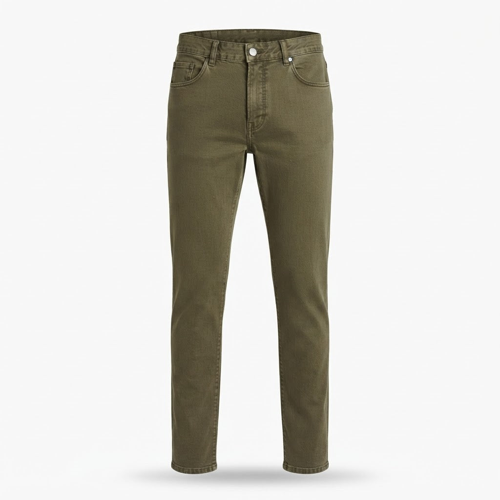 [WearU Generated:merch_ghost] Olive Green Cotton Denim Tapered Jeans – ghost front view