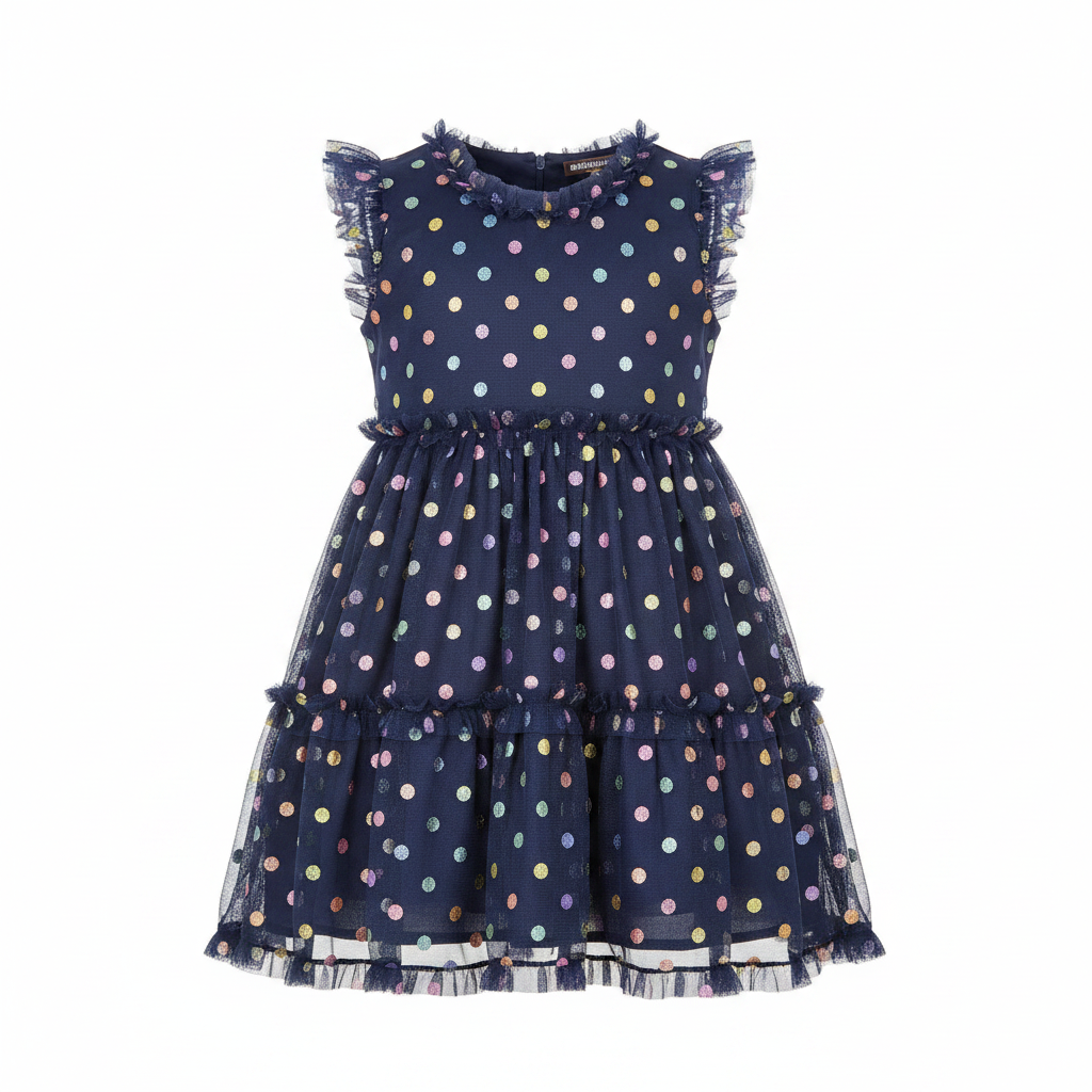 Three Pink Hearts Navy Metallic Polka Dot Tiered Dress