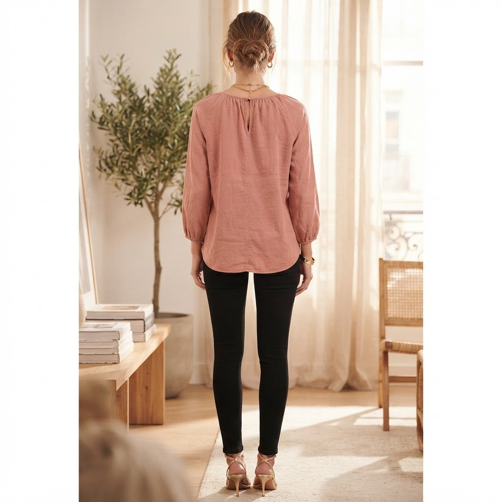 Women's Dusty Pink Relaxed-Fit Gathered Neckline Blouse