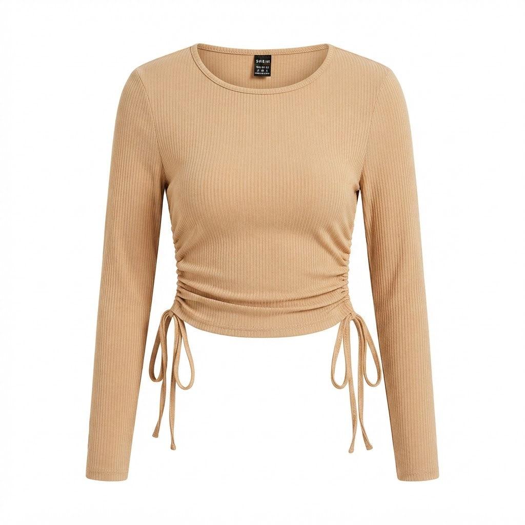 SHEIN Sandy Beige Ribbed Long-Sleeve Cropped Top with Side R