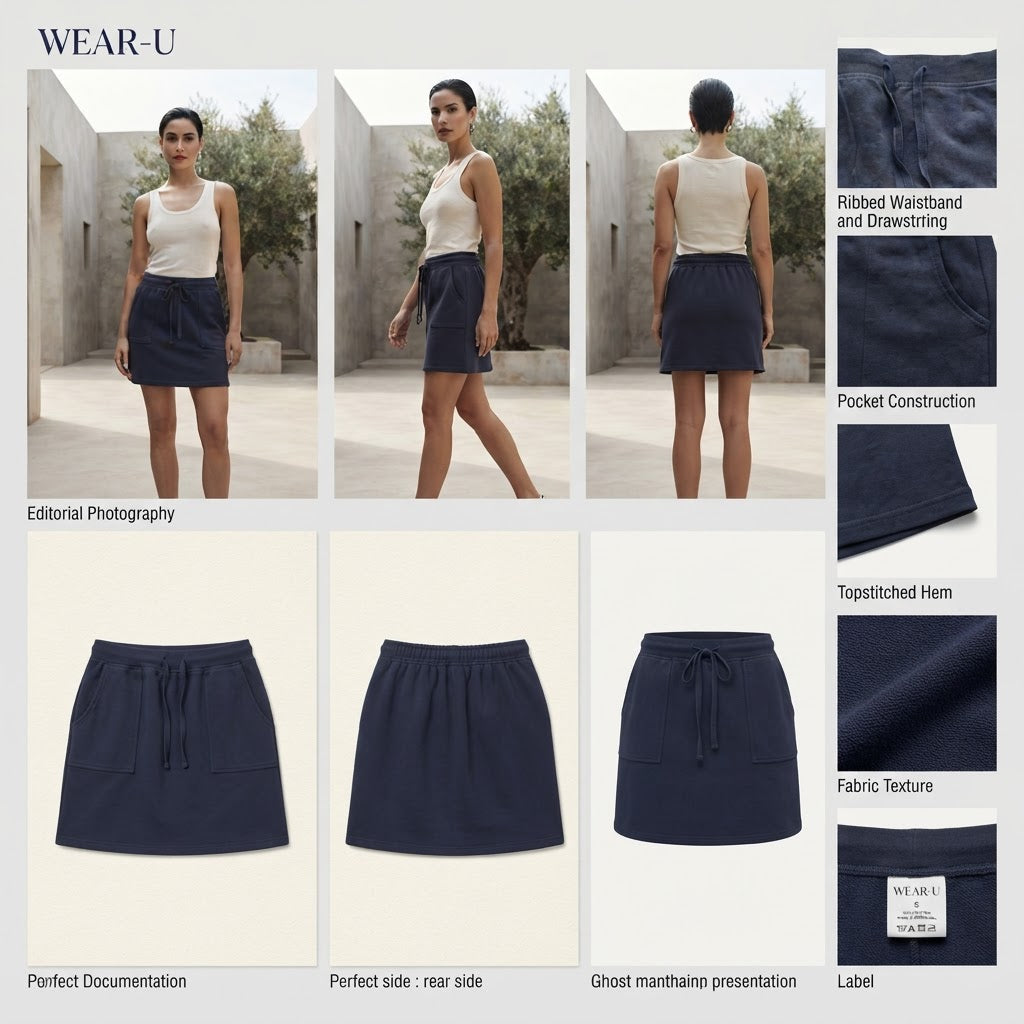 Navy Blue Jersey Mini Skirt with Drawstring Waist