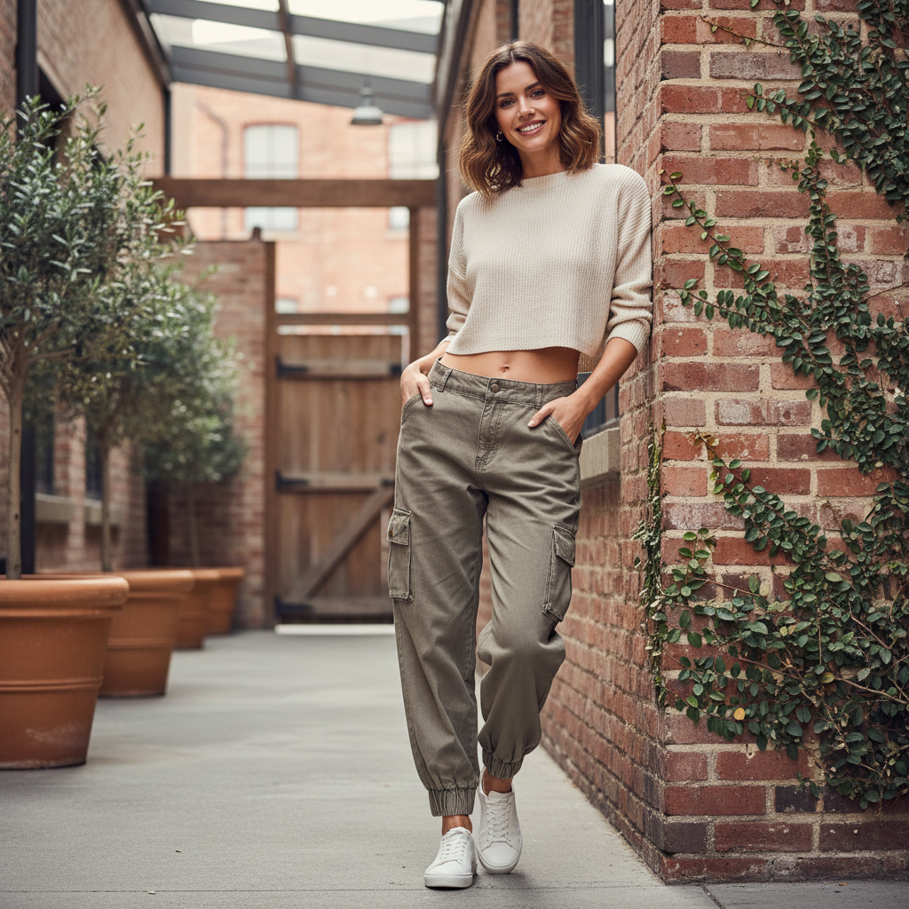 EN.ES Women's Olive Green Cargo Jogger Pants - Size US 2