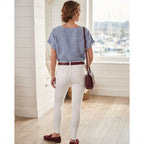 Women's Blue Embroidered Linen-Blend Short Sleeve Top