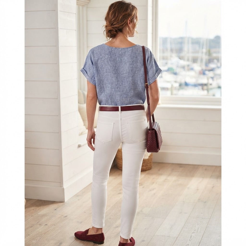 Women's Blue Embroidered Linen-Blend Short Sleeve Top