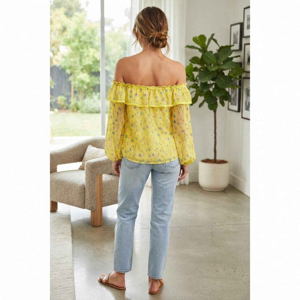 Women's Yellow Floral Off-The-Shoulder Ruffle Top