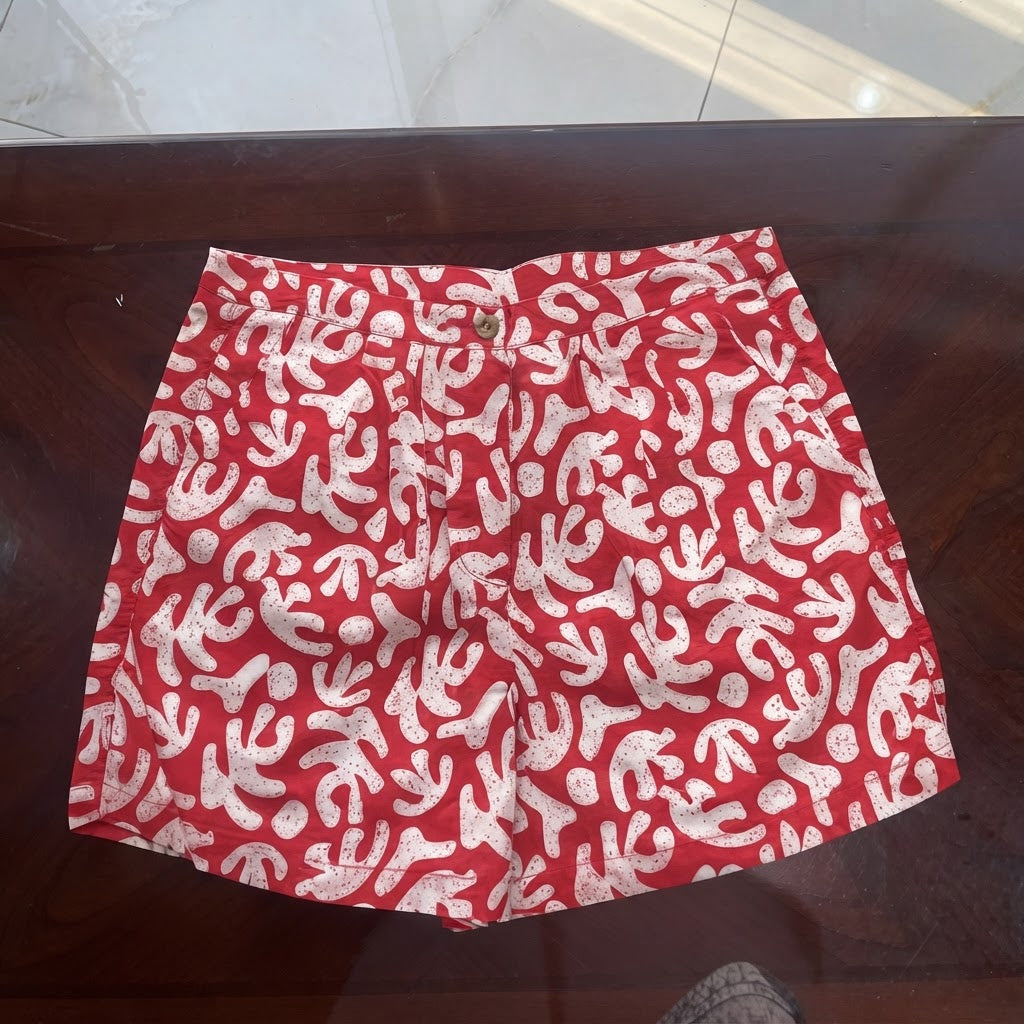 Red and White Abstract Print High-Waist Shorts