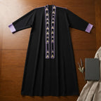 Black Abaya with Lavender Geometric Tribal Embroidery