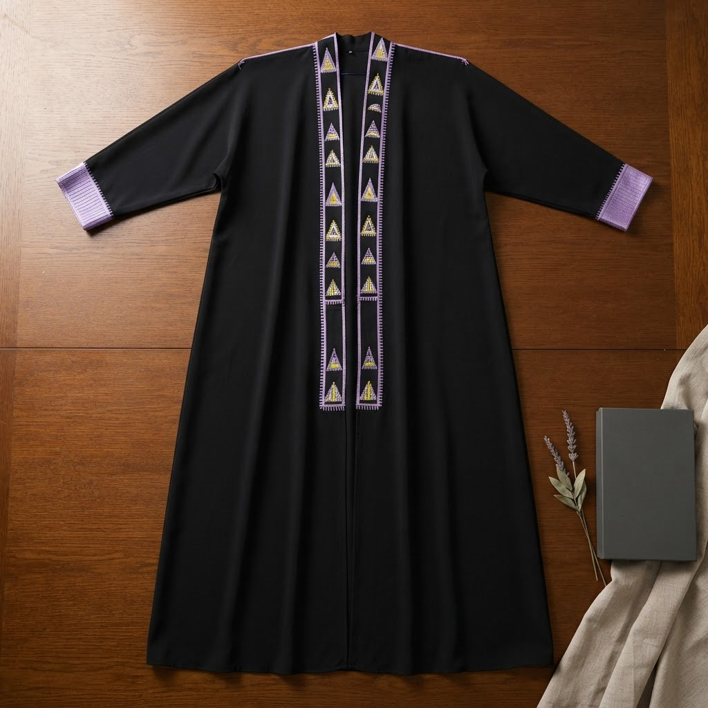 Black Abaya with Lavender Geometric Tribal Embroidery