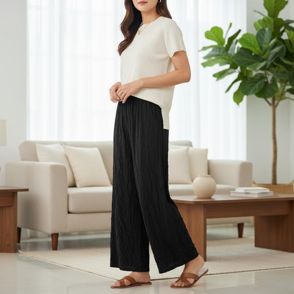 Esmara Women's Black Wide Leg Crinkle Knit Pants