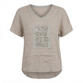Women's Beige Sequin Embellished Linen V-Neck Top