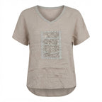 Women's Beige Sequin Embellished Linen V-Neck Top