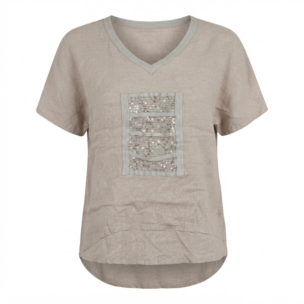 Women's Beige Sequin Embellished Linen V-Neck Top