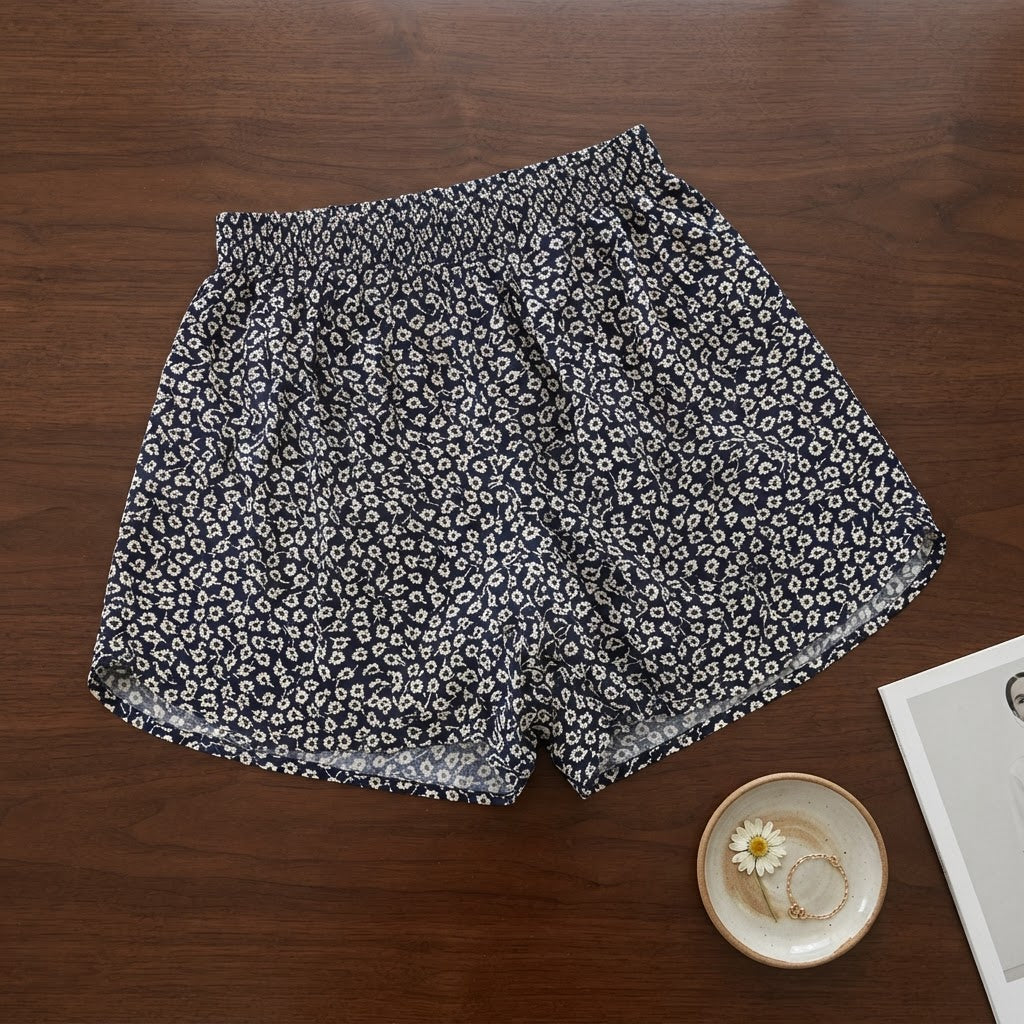 Navy Blue Floral Ditsy Mini Skirt with Elastic Waist