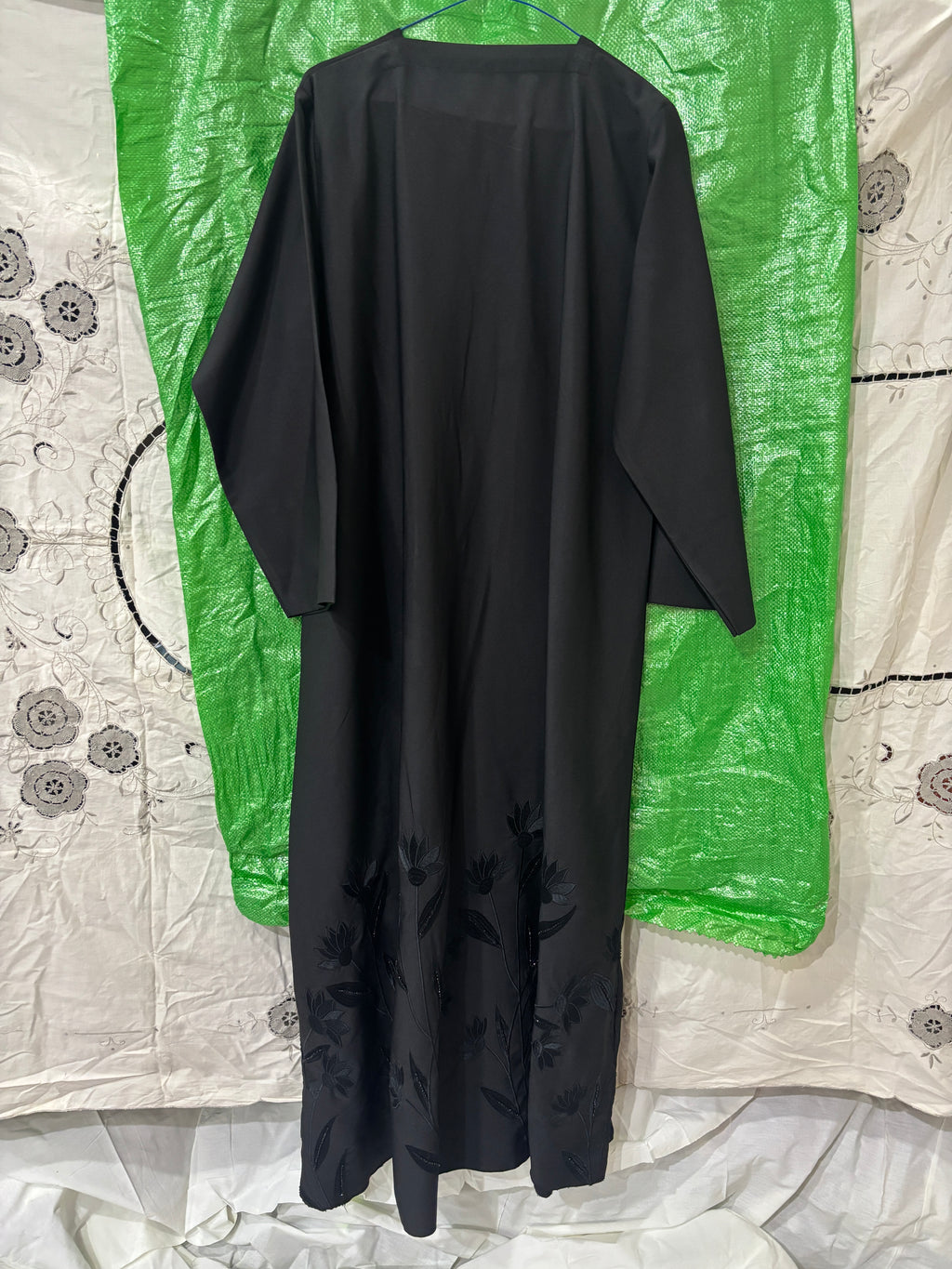 Black Floral Embroidered Abaya with Pointed Cuffs