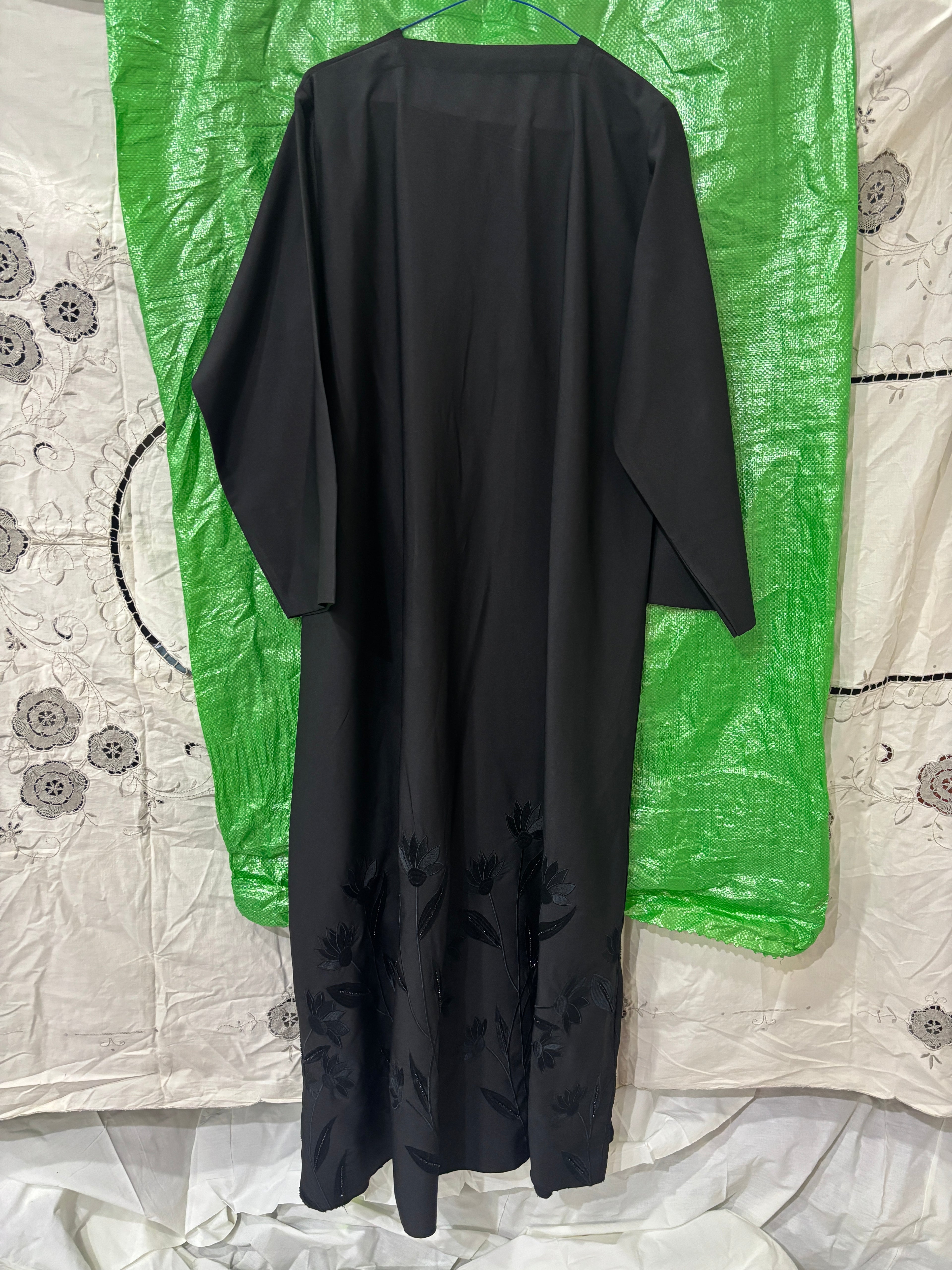 Black Floral Embroidered Abaya with Pointed Cuffs
